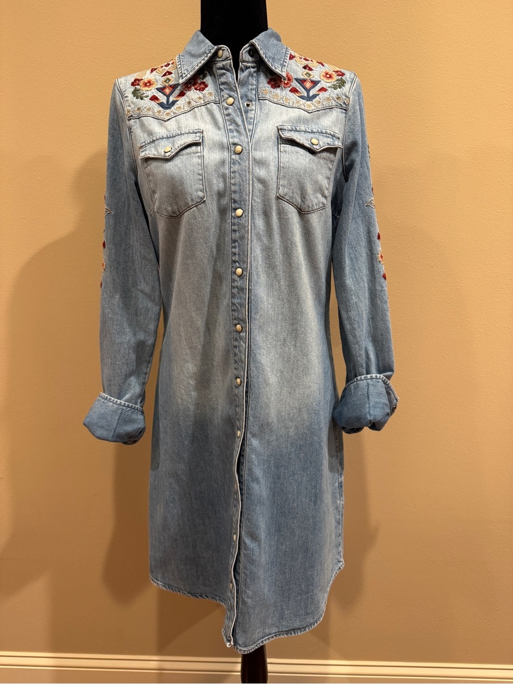 Stetson Light Blue Denim Long Sleeve Embroidered Shirt Dress - Picture 1 of 3